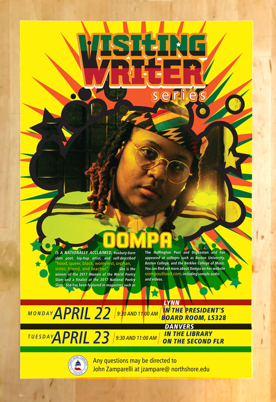 Yellow Oompa poster with head portrait of Oompa within a grafitti style balloon and bursts in the background, with red, black, green combinations.