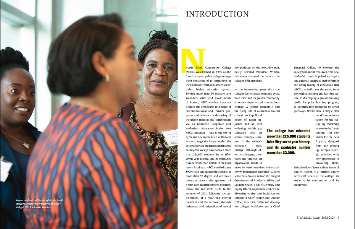 Spread with full page photo on left of Provost speaking with students and text on right side.