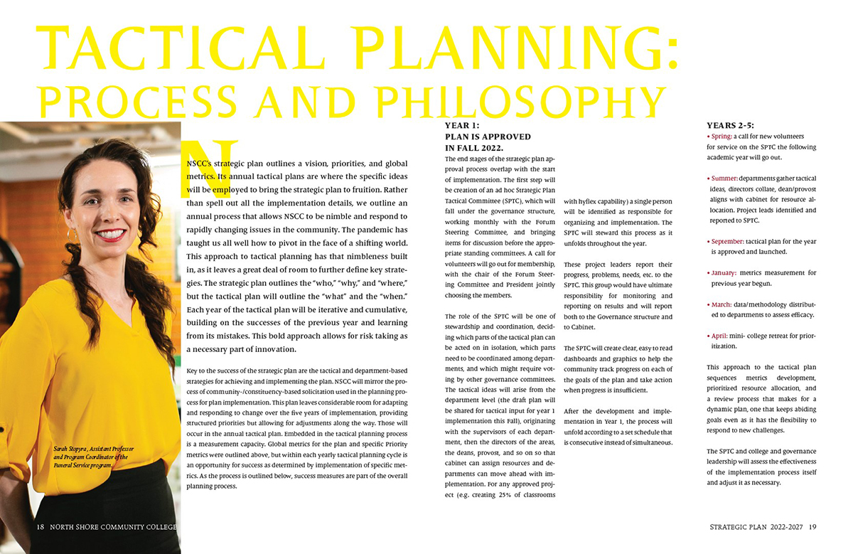 Spread with large serif-san created font at top and photo on left with copy text on right.