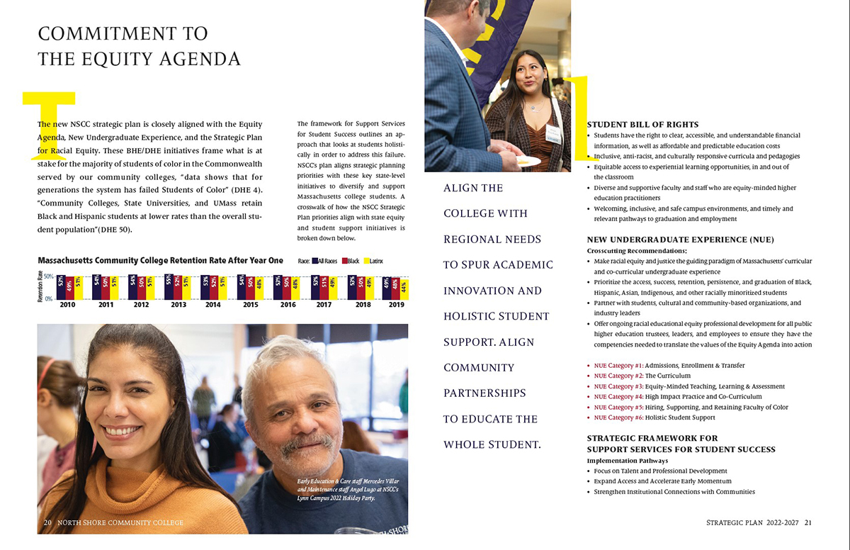 Spread with a larger photo of two staff people on bottom left page and smaller photo of a student speaking with a donor on top right corner.