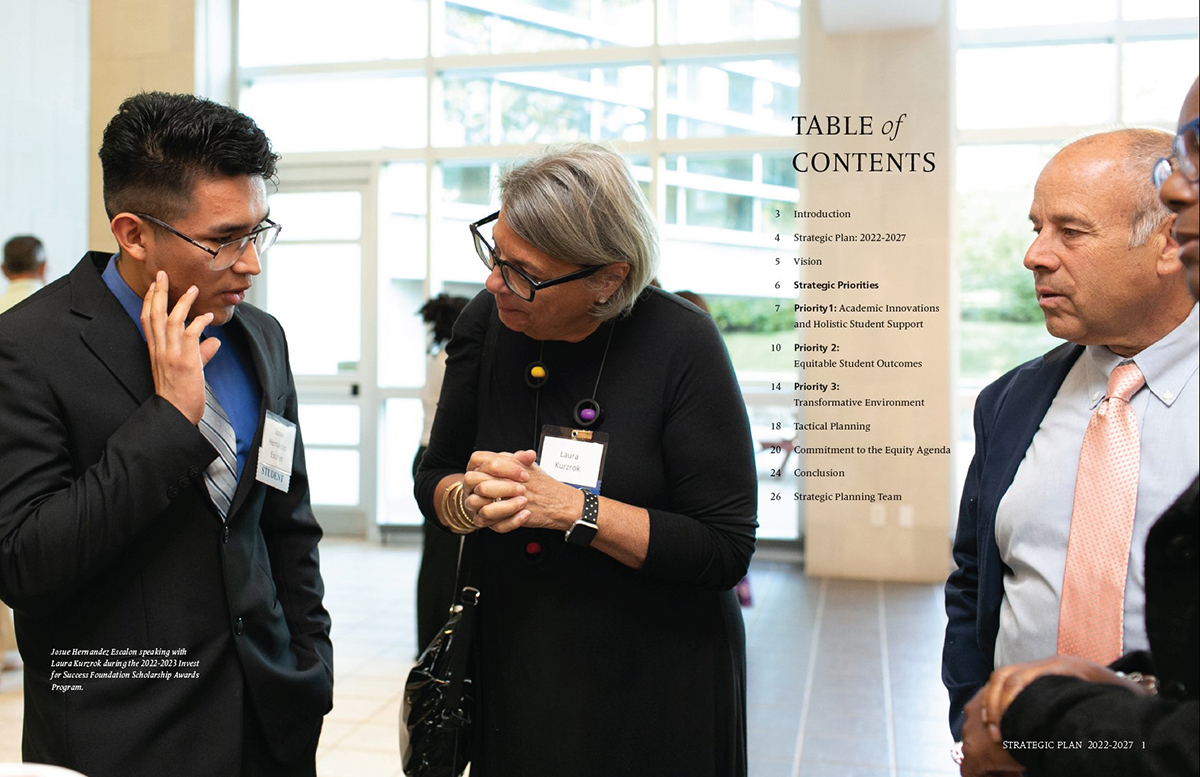 full page spread of photo of donor intently listening to student.